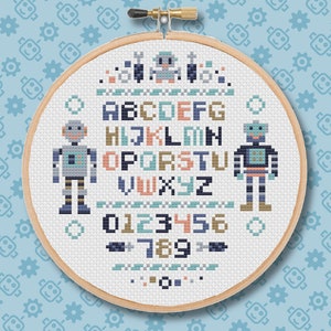Robot Alphabet Cross Stitch Hoop Sampler Chart Pattern