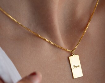 Gold Tag Necklace,  Custom Name Tag Necklace, Personalized Tag Necklace, Dainty Name Tag Necklace with Box Chain, Christmas gift