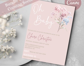 Oh Baby Shower Invitation, Floral Baby Shower Invite, Minimalist Invite, Baby Girl Shower Invitation, Editable Shower Template, Printable