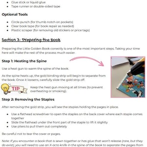 May include: A detailed guide for preparing a Little Golden Book, including adhesives, optional tools, and steps for heating the spine and removing staples. The text includes instructions and tips for book repair.