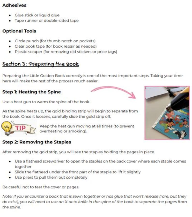 May include: A detailed guide for preparing a Little Golden Book, including adhesives, optional tools, and steps for heating the spine and removing staples. The text includes instructions and tips for book repair.