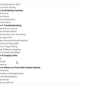 May include: A detailed table of contents from a guide, with headings and subheadings in a sans-serif font. Sections include "Finishing Touches," "Troubleshooting," and "Supply Links." Page numbers are listed on the right side. The text is in black on a white background.