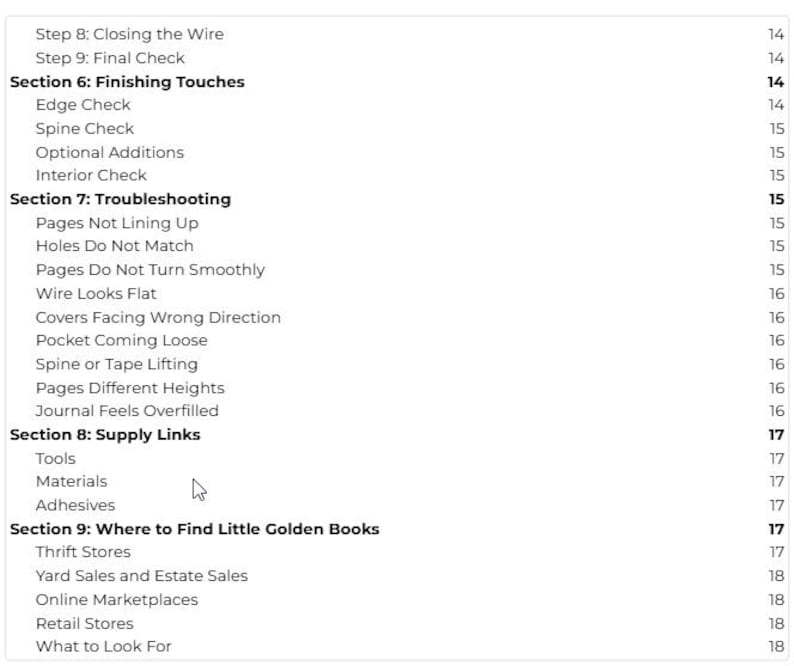 May include: A detailed table of contents from a guide, with headings and subheadings in a sans-serif font. Sections include "Finishing Touches," "Troubleshooting," and "Supply Links." Page numbers are listed on the right side. The text is in black on a white background.