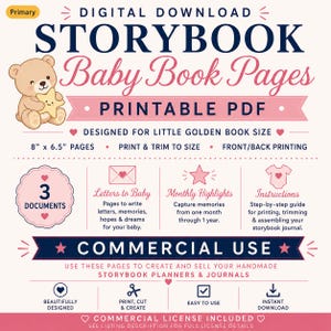 May include: A digital download of printable PDF baby book pages featuring a teddy bear holding a star. The text includes Storybook Baby Book Pages, 8 inch by 6.5 inch pages, 3 documents, Letters to Baby, Monthly Highlights, and Commercial Use.