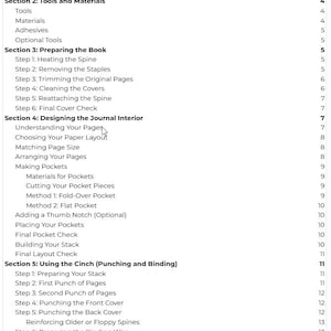 May include: A detailed table of contents from a book, with headings and subheadings in a clear, sans-serif font. The sections cover topics like tools, materials, preparing the book, designing the journal interior, and using the cinch for binding.
