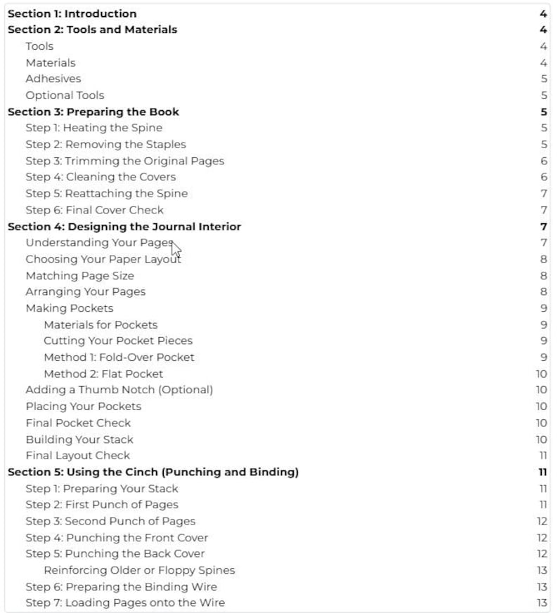 May include: A detailed table of contents from a book, with headings and subheadings in a clear, sans-serif font. The sections cover topics like tools, materials, preparing the book, designing the journal interior, and using the cinch for binding.