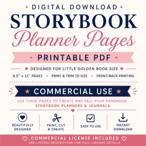May include: Digital download featuring "Storybook Planner Pages" in a pink and navy design. The printable PDF includes pages designed for little golden book size, 8.5" x 11" pages, and commercial use. Includes icons for beautifully designed, print, cut & create, easy to use, and instant download.