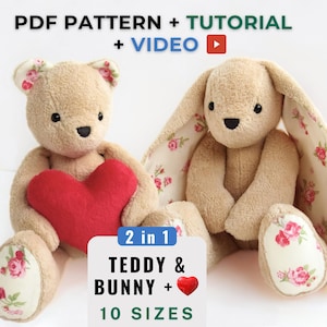 Modello per orsetto dei ricordi in PDF, modello per cucire orsacchiotto e video, modello per cucire animali di peluche per principianti, modello per orsetto dei ricordi fai da te in PDF