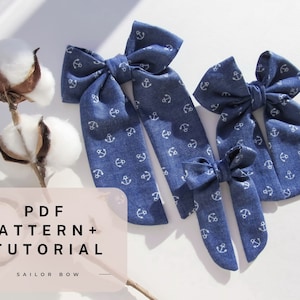 ヘア ボウ パターン pdf、自分で作るセーラー ボウ、初心者向け裁縫パターン DIY ヘア アクセサリー、女性用裁縫パターン デジタル ダウンロード
