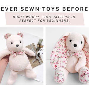 A promotional image for sewing patterns featuring a handmade plush bear and a plush bunny.  These designs serve as an ideal memory bear pattern, teddy bear pattern, and bunny sewing pattern. This easy sewing pattern is perfect for creating a DIY memorial gift or a DIY memorial bear. The image showcases how to use this bear sewing pattern and stuffed bear pattern to create charming toys, making it a great choice for those looking for plush sewing pattern or plushie patterns pdf options.