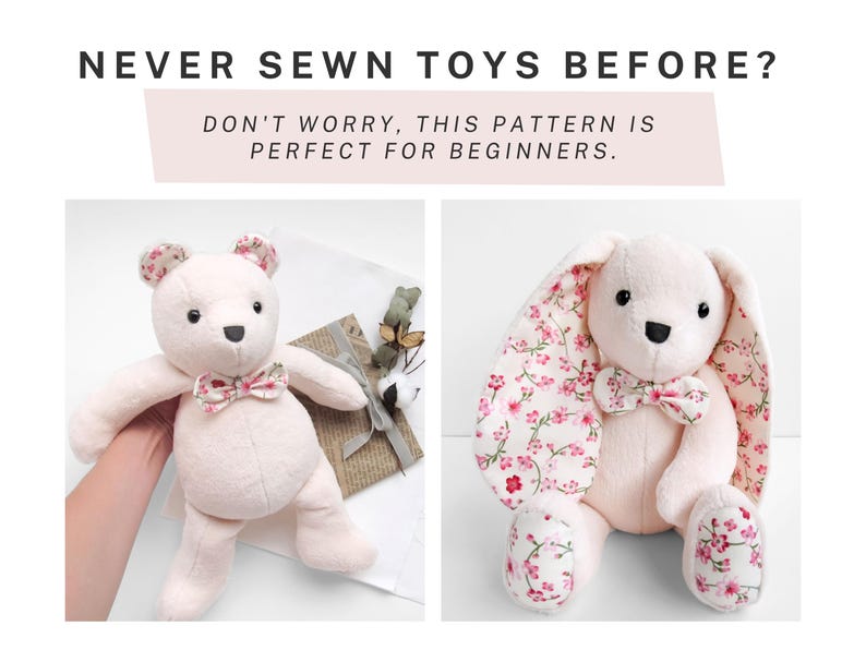 K&ouml;nnte beinhalten: Zwei Pl&uuml;schtiere, ein rosa B&auml;r und ein rosa Hase, beide mit floralen Stoffakzenten und rosa Schleifen. Der Text "NEVER SEWN TOYS BEFORE? DON'T WORRY, THIS PATTERN IS PERFECT FOR BEGINNERS." wird &uuml;ber den Spielzeugen angezeigt.
