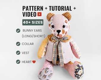 Memory Bear Pattern PDF + Video Tutorial - 41 Sizes for DIY Keepsake Bear from Shirts