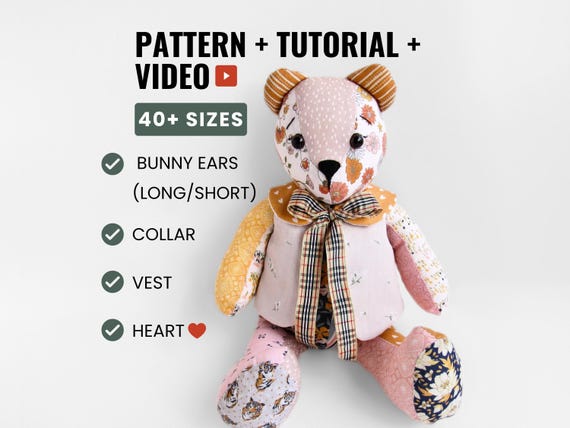 Memory Bear Pattern PDF + Video Tutorial - 41 Sizes for DIY Keepsake Bear from Shirts