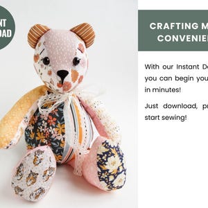 May include: A handmade patchwork teddy bear with a variety of floral and patterned fabrics in shades of pink, orange, yellow, and navy blue. The bear has a white lace bow and the text "INSTANT DOWNLOAD" in a green circle.