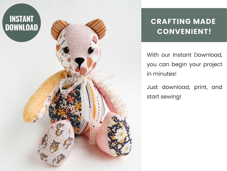 May include: A handmade patchwork teddy bear with a variety of floral and patterned fabrics in shades of pink, orange, yellow, and navy blue. The bear has a white lace bow and the text "INSTANT DOWNLOAD" in a green circle.