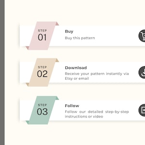 May include: An infographic illustrating a three-step process. Step 1: Buy the pattern. Step 2: Download the pattern. Step 3: Follow instructions or video. Each step is on a white rectangle with a colored ribbon and icon.