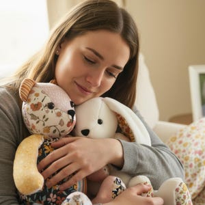 May include: A woman embraces two plush toys: a bear and a bunny. The bear has floral patterned fabric on its head and body, with a tan arm. The bunny is white with long ears. A framed photo is in the background.