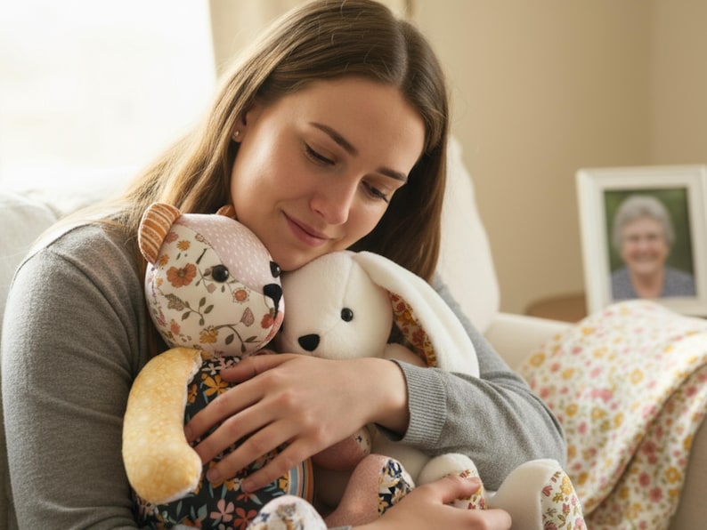 May include: A woman embraces two plush toys: a bear and a bunny. The bear has floral patterned fabric on its head and body, with a tan arm. The bunny is white with long ears. A framed photo is in the background.