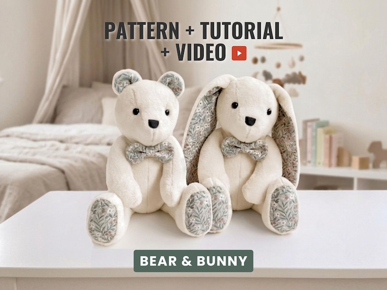 Two adorable handmade plush animals, a bear and a bunny, sitting side-by-side in a nursery. These soft toys are perfect examples of a memory bear pattern and a bunny sewing pattern, featuring matching geometric fabric details on their ears, bow ties, and footpads. This cute animal pattern set serves as a beautiful DIY memorial gift, demonstrating how a stuffed bear pattern or teddy bear pattern can be customized.