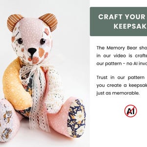 May include: A handmade Memory Bear, crafted from various patterned fabrics, including floral and polka dot designs. The bear has a black nose, brown ears, and a white lace bow. The text "CRAFT YOUR OWN KEEPSAKE" is visible.