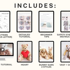 May include: An image with the word "INCLUDES:" at the top, followed by eight digital displays. The displays show a pattern, detailed tutorial, beginner tips, safety instructions, video tutorial, heart, bunny ears, and vest and collar.