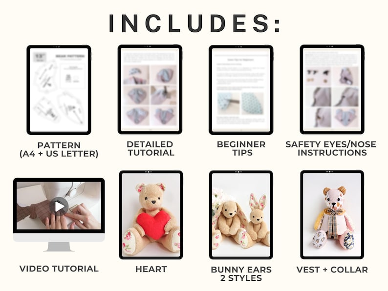 May include: An image with the word "INCLUDES:" at the top, followed by eight digital displays. The displays show a pattern, detailed tutorial, beginner tips, safety instructions, video tutorial, heart, bunny ears, and vest and collar.