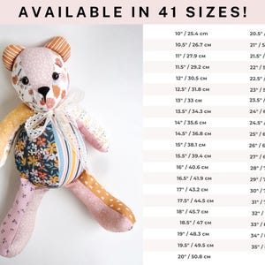 May include: A patchwork teddy bear with floral, polka dot, and striped fabric sections. The bear has a white lace collar and is available in 41 sizes, ranging from 10 inches (25.4 cm) to 35 inches (88.9 cm).