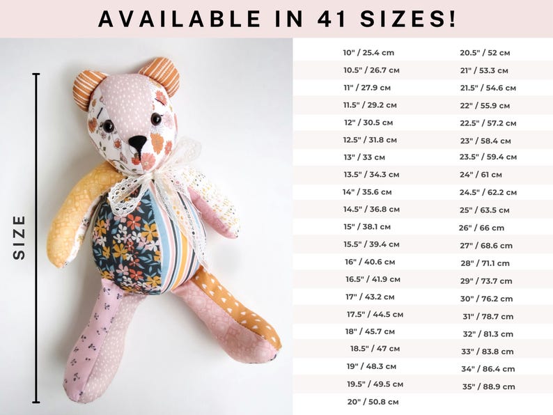 May include: A patchwork teddy bear with floral, polka dot, and striped fabric sections. The bear has a white lace collar and is available in 41 sizes, ranging from 10 inches (25.4 cm) to 35 inches (88.9 cm).