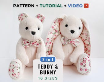 Patrón de oso de memoria y patrón de costura de conejito en PDF, patrón de oso de peluche, patrón de conejo fácil en PDF, patrón de oso de recuerdo, plantilla de oso de memoria