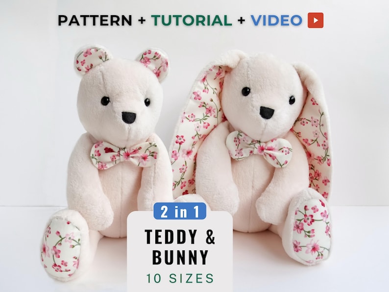 K&ouml;nnte beinhalten: Ein N&auml;hmuster f&uuml;r einen Teddyb&auml;r und ein Kaninchen. Das Muster umfasst 10 Gr&ouml;&szlig;en und wird mit einem Video-Tutorial geliefert. Die Pl&uuml;schtiere sind rosa mit floralen Stoffakzenten.