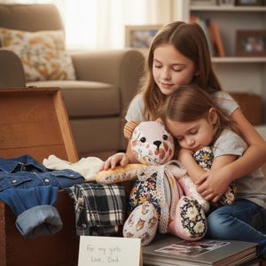 May include: Two young girls embrace a handmade teddy bear with floral and patterned fabric. The bear has a light brown face and ears, with a pink body and a ribbon. A wooden chest and clothing are in the background.