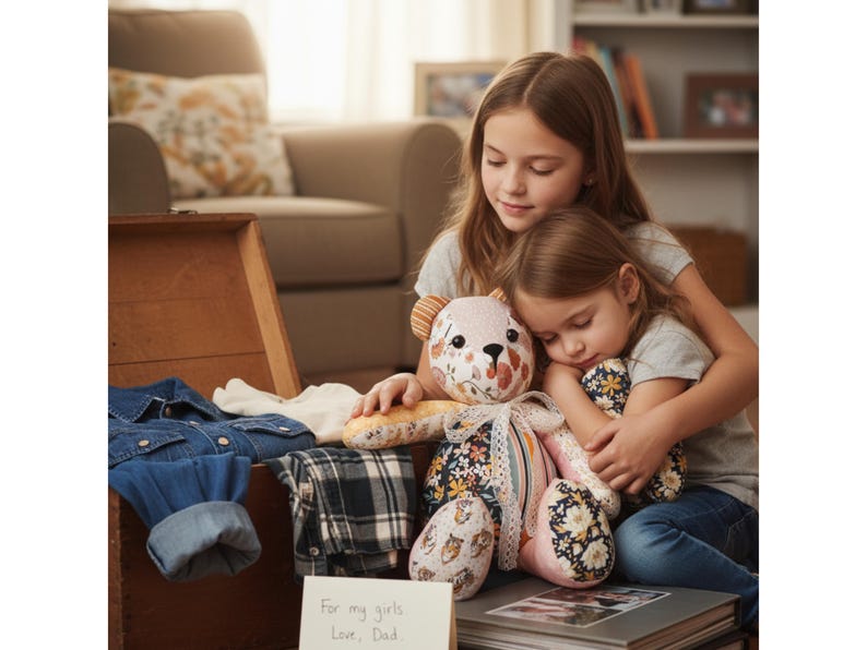 May include: Two young girls embrace a handmade teddy bear with floral and patterned fabric. The bear has a light brown face and ears, with a pink body and a ribbon. A wooden chest and clothing are in the background.
