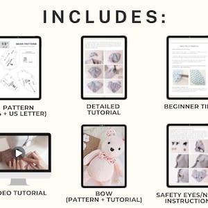 May include: A digital download for a plush toy sewing pattern. The image shows a digital pattern, a detailed tutorial, beginner tips, a video tutorial, a finished plush toy, and safety instructions for attaching eyes and noses.