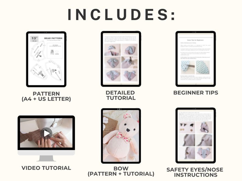 May include: A digital download for a plush toy sewing pattern. The image shows a digital pattern, a detailed tutorial, beginner tips, a video tutorial, a finished plush toy, and safety instructions for attaching eyes and noses.