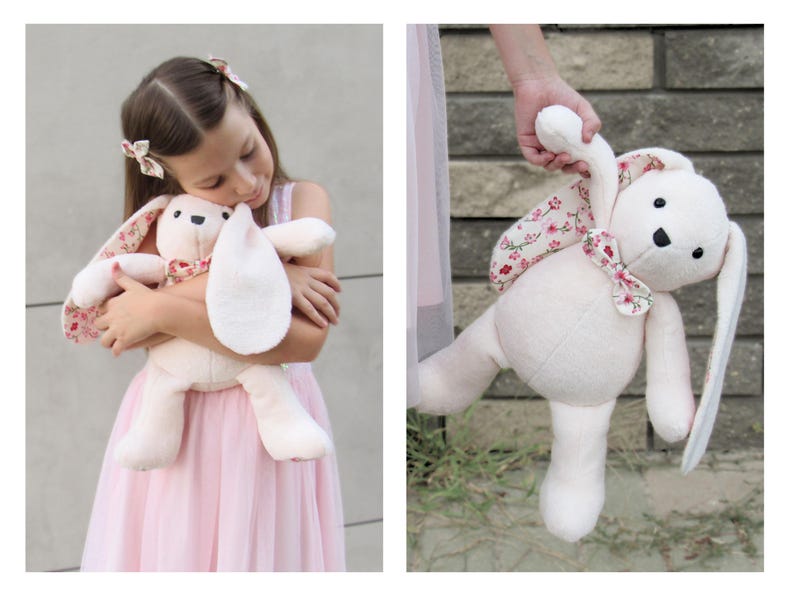 A young girl in a pink dress lovingly hugs a handmade plush bunny. This cute animal pattern is perfect for creating a DIY memorial gift. This easy sewing pattern is ideal for beginners looking for plushie patterns pdf to create a keepsake. Whether you are using this as a memory bear pattern, a bunny sewing pattern, this versatile design makes for a beautiful stuffed bear pattern or a special addition to any collection of toy sewing patterns and memory bear template projects.
