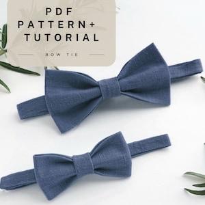 May include: Two blue bow ties, one larger than the other, on a white background. The text "PDF PATTERN + TUTORIAL BOW TIE" is visible in the top center of the image.