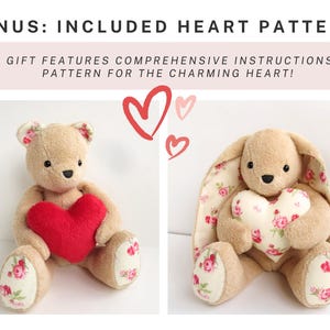 May include: Two plush toys: a teddy bear holding a red heart and a bunny holding a floral heart. The toys are beige with floral accents on the ears and feet. The image includes the text "BONUS: INCLUDED HEART PATTERN!" and "THIS GIFT FEATURES COMPREHENSIVE INSTRUCTIONS AND PATTERN FOR THE CHARMING HEART!"