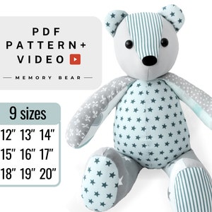 May include: A PDF pattern and video tutorial for sewing a patchwork memory bear in nine sizes, ranging from 12 to 20 inches.