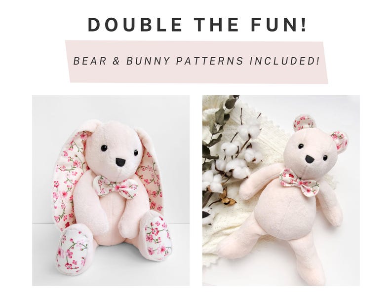 K&ouml;nnte beinhalten: Zwei Pl&uuml;schtiere, ein rosa Kaninchen und ein rosa B&auml;r, beide mit floralen Stoffakzenten und Fliegen. Das Kaninchen hat rosa florale Ohren und der B&auml;r eine rosa florale Fliege. DOUBLE THE FUN! BEAR & BUNNY PATTERNS INCLUDED! ist in rosa Schrift auf wei&szlig;em Hintergrund geschrieben.