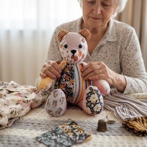 May include: A handmade patchwork teddy bear with floral and striped patterns. The bear has pink, orange, and blue accents. The bear is sitting on a gray and white striped blanket. Other fabric pieces are nearby.