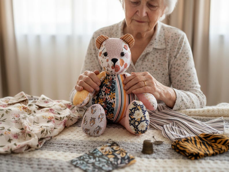 May include: A handmade patchwork teddy bear with floral and striped patterns. The bear has pink, orange, and blue accents. The bear is sitting on a gray and white striped blanket. Other fabric pieces are nearby.