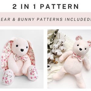 K&ouml;nnte beinhalten: Ein 2 IN 1 PATTERN BEAR & BUNNY PATTERNS INCLUDED! Design mit einem hellrosa Pl&uuml;schhasen mit floralen Innenohren und Fu&szlig;polstern sowie einem hellrosa Pl&uuml;schb&auml;ren, beide mit passenden floralen Fliegen und dunklen Augen und Nasen.