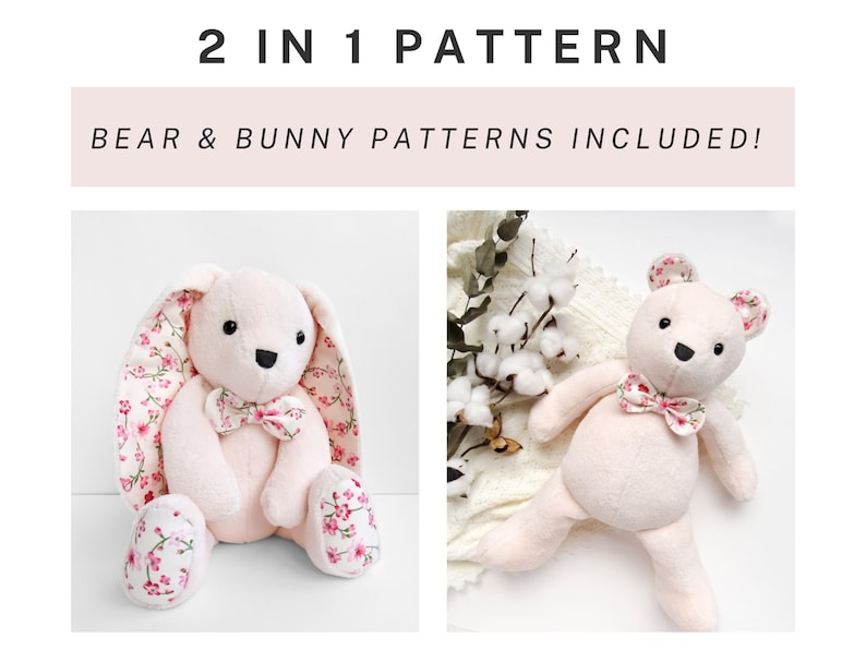 K&ouml;nnte beinhalten: Ein 2 IN 1 PATTERN BEAR & BUNNY PATTERNS INCLUDED! Design mit einem hellrosa Pl&uuml;schhasen mit floralen Innenohren und Fu&szlig;polstern sowie einem hellrosa Pl&uuml;schb&auml;ren, beide mit passenden floralen Fliegen und dunklen Augen und Nasen.