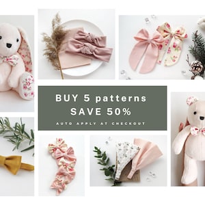 May include: A collage of baby accessories and plush toys. Includes a white bunny and bear with floral accents, headbands, and bows in various colors and patterns. The text "BUY 5 PATTERNS SAVE 50%" is also visible.