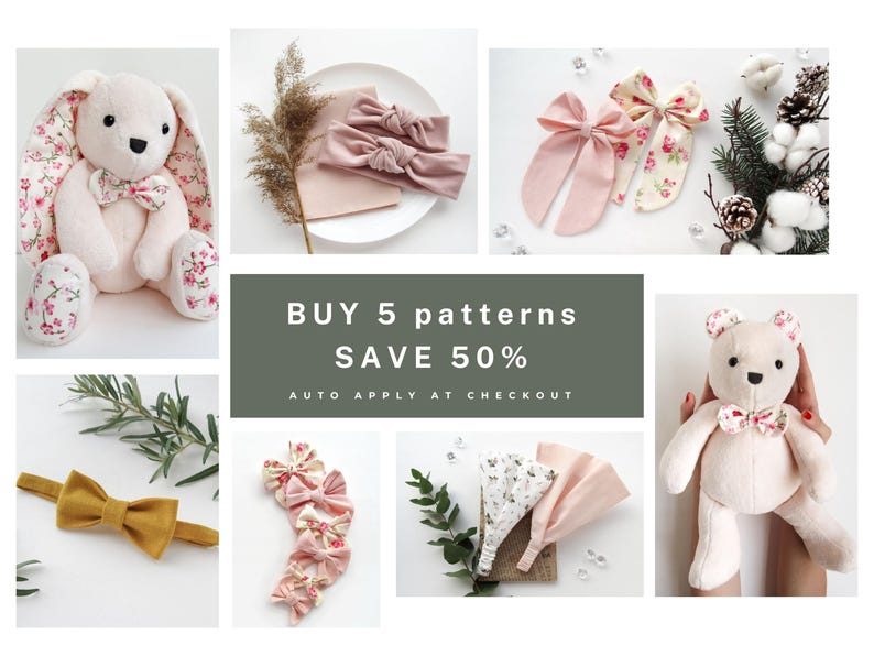 May include: A collage of baby accessories and plush toys. Includes a white bunny and bear with floral accents, headbands, and bows in various colors and patterns. The text "BUY 5 PATTERNS SAVE 50%" is also visible.