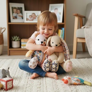May include: A young child smiles while hugging two plush toys: a bear and a bunny. The bear has patterned fabric on its body, and the bunny has floral print ears. Other toys, including an elephant and a bird, are scattered on the rug.