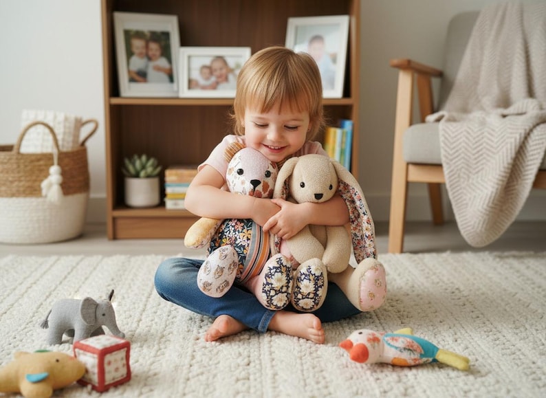 May include: A young child smiles while hugging two plush toys: a bear and a bunny. The bear has patterned fabric on its body, and the bunny has floral print ears. Other toys, including an elephant and a bird, are scattered on the rug.