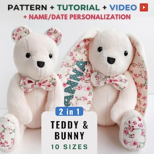 Modello orso della memoria pdf, modello di cucito orsetto di peluche, regalo personalizzato fai da te, tutorial orso della memoria, modello di cucito coniglietto fai da te animale di peluche