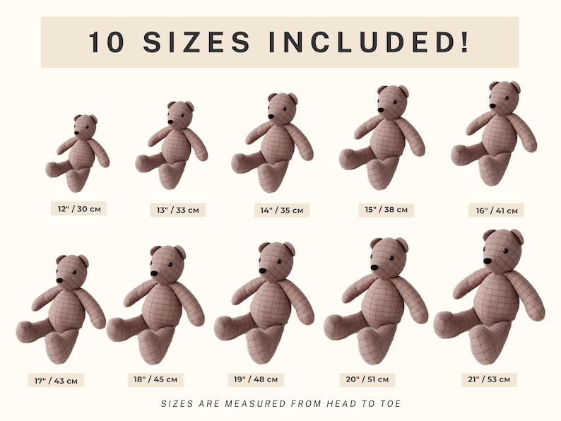 K&ouml;nnte beinhalten: Zehn Pl&uuml;schb&auml;ren in verschiedenen Gr&ouml;&szlig;en von 30 cm bis 53 cm. Die B&auml;ren sind alle hellbraun mit einem karierten Muster und sitzen mit gekreuzten Beinen.