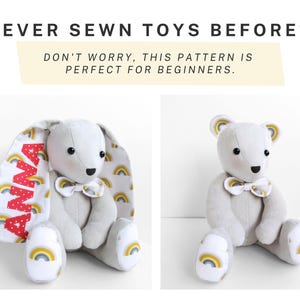 K&ouml;nnte beinhalten: Ein Schnittmuster f&uuml;r ein Stoffhasen und einen B&auml;ren mit dem Text NEVER SEWN TOYS BEFORE? DON'T WORRY, THIS PATTERN IS PERFECT FOR BEGINNERS. Der Hase hat lange Ohren mit roten Punkten und Regenbogenmustern, beide tragen eine kleine Fliege.